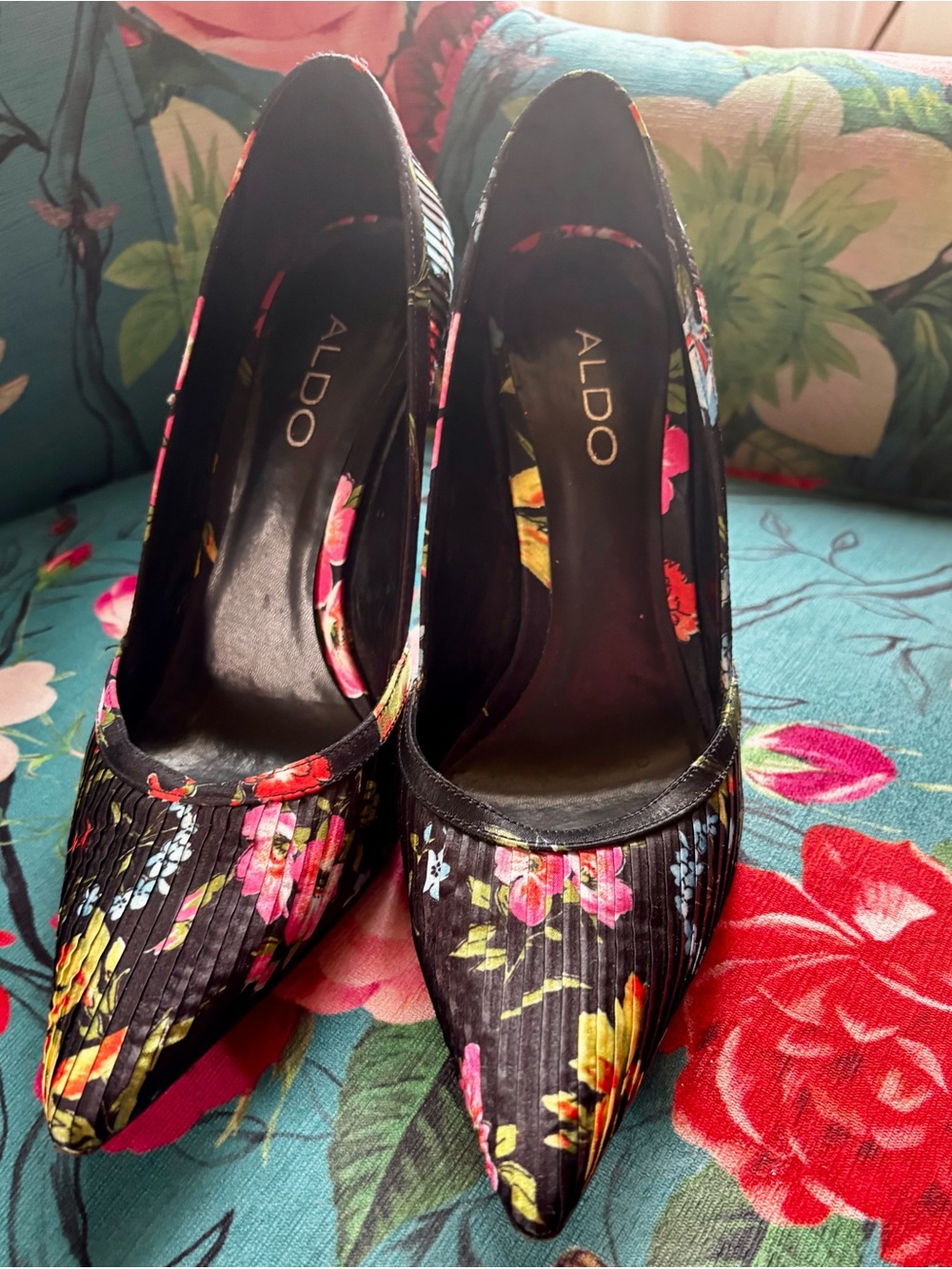 ALDO Black Floral Pointed-Toe Heels with Pink and Yellow Blooms